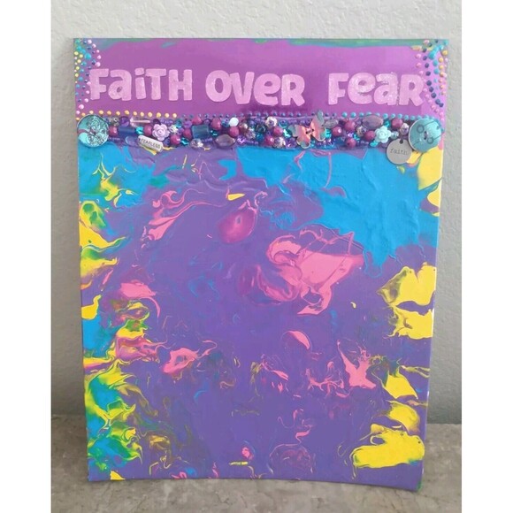 Faith Over Fear Mixed Media Acrylic Pour Inspirational Art Canvas Wall Decor - Picture 1 of 16